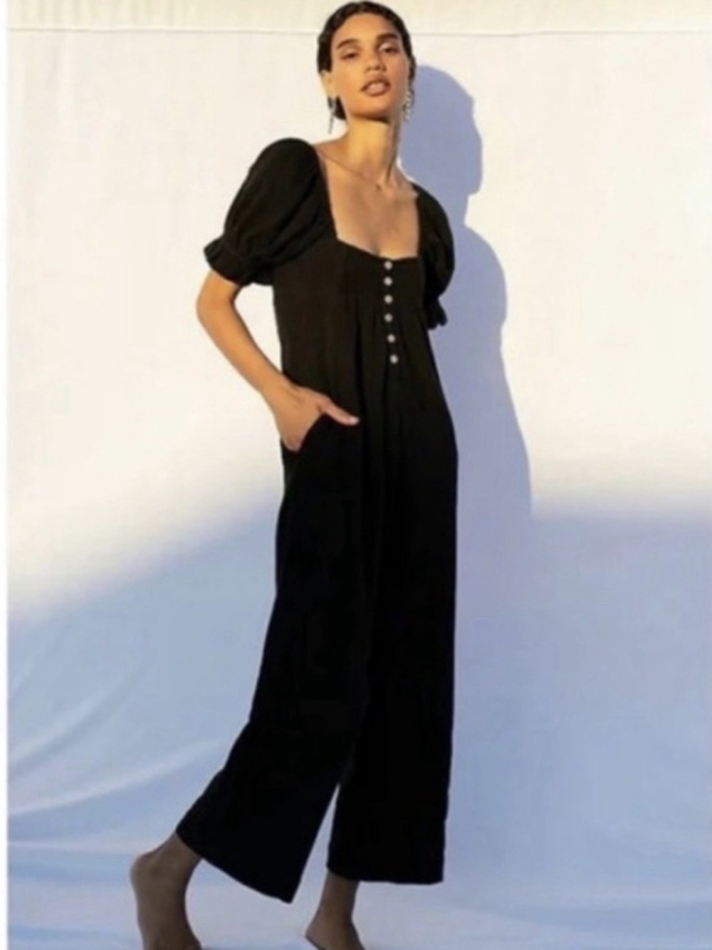 NWT Free People The Ideal Jumpsuit Black Wide Leg Smocked Cotton Womens Size S